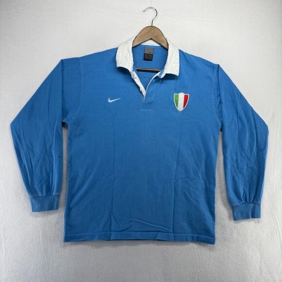 Vintage Nike Italy Rugby Shirt mens Large Blue Embroidered Logo Shield y2k 2000s - Picture 1 of 10